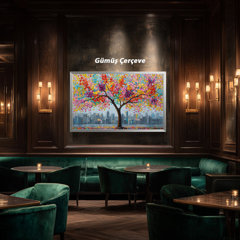 Renkli Çiçekli Ağaç ve Şehir Manzarası Tablosu Modern Soyut Kanvas Duvar Dekoru, Salon Ofis İçin Büyük Boy Sanatsal Tablo