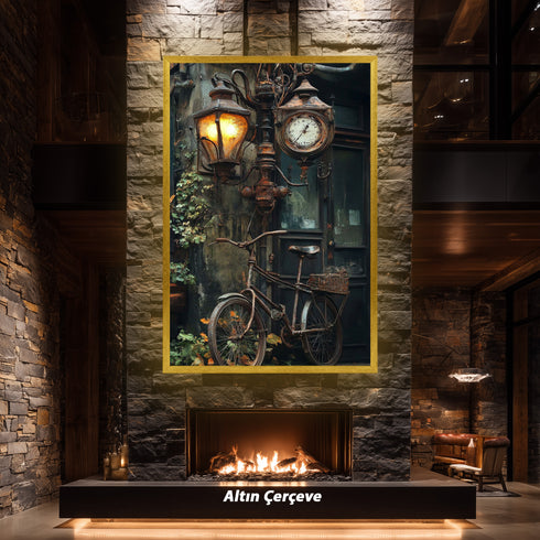 Vintage Sokak Lambası ve Bisiklet Sanat Tablosu Poster, Nostaljik Şehir Detayı ile Rustik Endüstriyel Duvar Dekoru Baskısı Sanatı