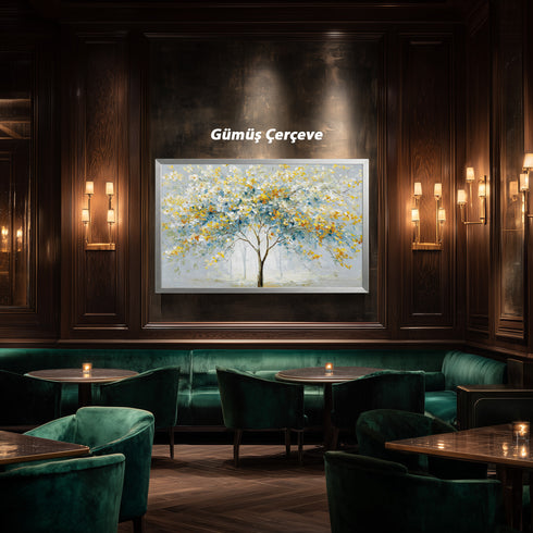 Modern Soyut Ağaç Tablosu Mavi Sarı Yapraklı Kanvas Duvar Dekoru, Salon Yatak Odası Büyük Boy Sanatsal Tablo