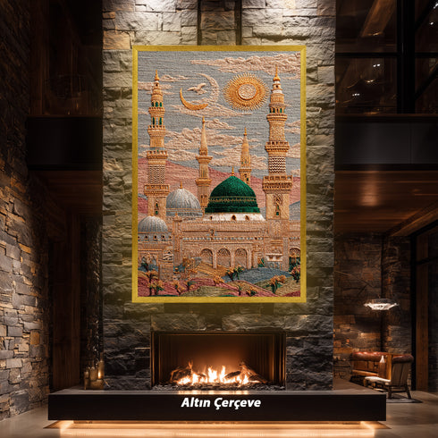 Mescid-i Nebevi Yeşil Kubbe Nakış İşlemeli Görünümlü Kanvas Tablo – Hilal ve Güneş Motifli İslami Duvar Dekoru, Dini Salon Tablosu