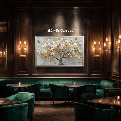 Mermer Zeminli Altın Yapraklı Beyaz Çiçekli Ağaç Tablosu Kelebekli Lüks Modern Kanvas Duvar Dekoru Salon İçin