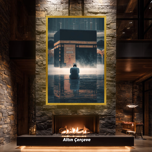 Kabe-i Muazzama Önünde Dua Eden Müslüman Kanvas Tablo – Mekke Temalı İslami Duvar Dekoru, Dini ve Manevi Atmosferli Salon Tablosu