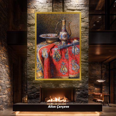 Eskitilmiş Çerçeveli Oryantal Natürmort Sanat Tablosu Poster, Osmanlı İbriği ve İşlemeli Kumaş Detaylı Klasik Duvar Sanatı