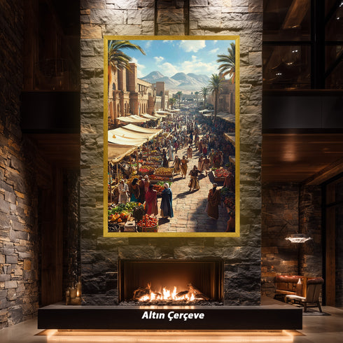 Antik Doğu Pazarı Manzarası Sanat Tablosu Poster, Palmiye Ağaçları ve Tarihi Mimari Arasında Canlı Oryantal Çarşı Sahnesi Duvar Sanatı