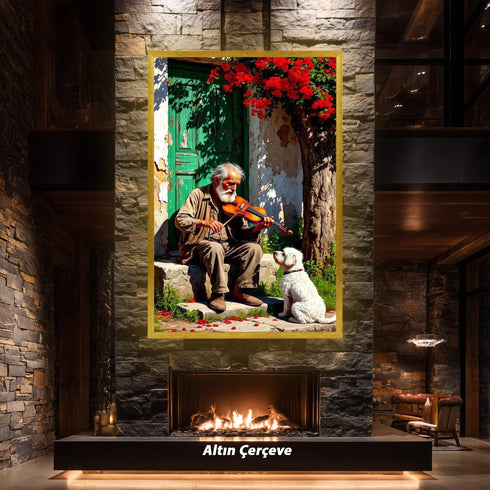 Kemancı Yaşlı Adam ve Sadık Köpek Suluboya Sanat Baskısı, Nostaljik Köy Sahnesi ve Doğal Işıklarla Duygusal Duvar Dekoru