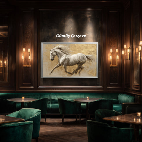 Koşan Beyaz At Tablosu Altın Varak Dokulu Arka Planlı Lüks Kanvas Duvar Dekoru, Salon Ofis İçin Büyük Boy At Figürlü Tablo