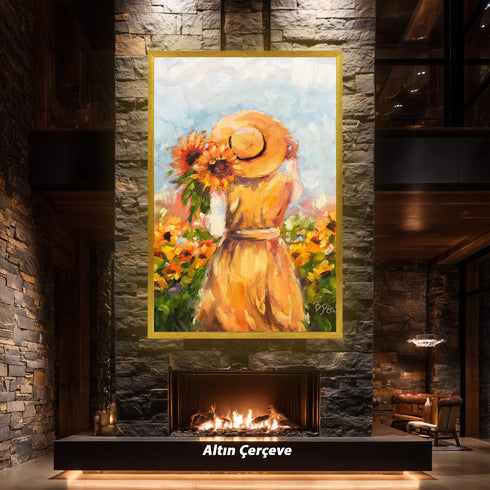 Ayçiçekleri Arasında Şapkalı Kadın, Yaz Esintili Romantik Kırsal Sahneyle Sıcak ve Huzur Veren Sanat Tablosu