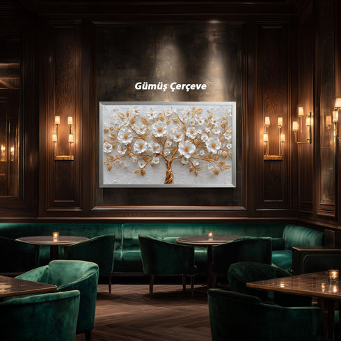 Altın Dallı Beyaz Çiçekli Ağaç Tablosu Lüks Kabartmalı Modern Kanvas Duvar Dekoru, Salon Yatak Odası İçin Büyük Boy Tablo