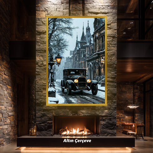 Karlı Sokakta Klasik Araba Sanat Baskısı, Gotik Mimarili Tarihi Şehirde Kış Atmosferi ve Vintage Duvar Dekoru