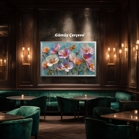 Turkuaz Zeminli Renkli Çiçekler ve Kelebek Tablosu Modern Soyut Kanvas Duvar Dekoru Salon Yatak Odası İçin Canlı Tasarım