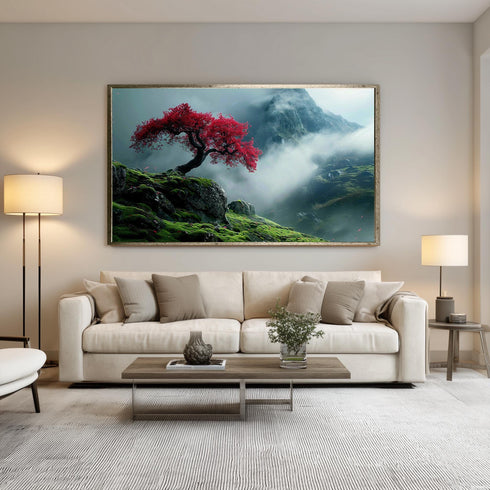 Kırmızı Yapraklı Ağaç ve Sisli Orman Tablo