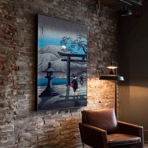 Japanese Torii Gate Canvas Art, Full Moon Night Landscape, Stone Lantern Print, Blue Woodblock Style, Zen Garden Decor, Shin Hanga