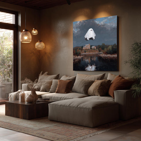 Flying Ghost Painting Over Countryside Landscape Spooky Halloween Art Surreal Haunted House Scene for Gothic or Quirky Wall Decor