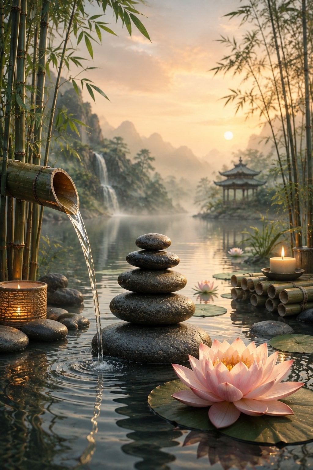 Lotus Çiçekli Zen Bahçesi Meditasyon Kanvas Tablo