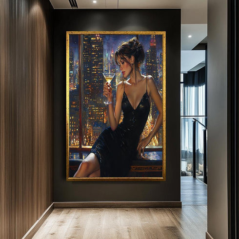 Woman in Black Dress Canvas Print, Sensual Cityscape Wall Art, Modern Sexy Woman with Martini Painting, Glamorous Nightlife Decor