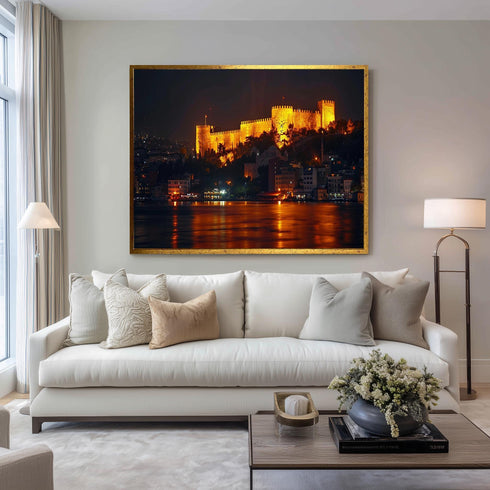 Rumeli Fortress Canvas Wall Art, Istanbul Night Bosphorus Print, Glowing Castle Landscape for Turkish History and Travel Decor