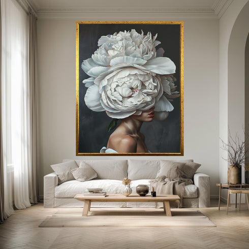 Floral Woman Portrait Wall Art, Surreal White Peony Head Artwork, Modern Botanical Female Print for Elegant Home Decor