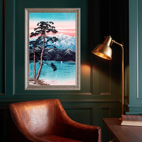 Japanese Woodblock Canvas Art, Mount Fuji Print, Pine Tree Lake Landscape, Pink Sunset Sky, Shin Hanga Style, Asian Wall Decor