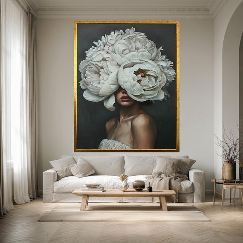 Floral Woman Portrait Wall Art, Surreal White Peony Head Print, Botanical Feminine Artwork for Modern Home Decor