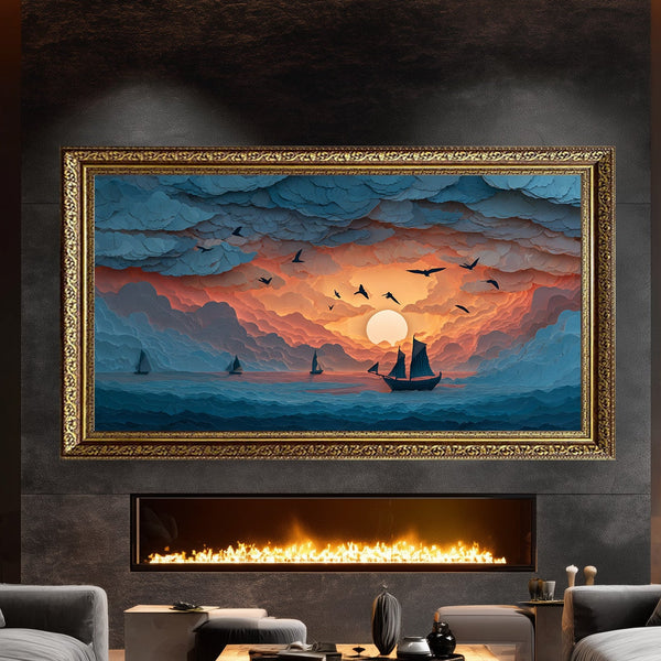 Bulutlar Arasında Gün Batımı ve Yelkenli Tablosu Soyut Deniz Manzarası Modern Kanvas Duvar Dekoru Salon Ofis Yatak Odası İçin Büyük Boy Sanatsal Tasarım
