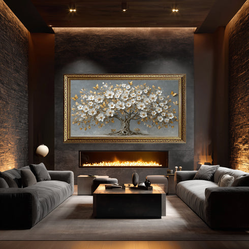 Altın Yapraklı Beyaz Çiçekli Ağaç Tablosu Kelebekli Lüks Kanvas Duvar Dekoru, Modern Dokulu Salon Yatak Odası Tablo