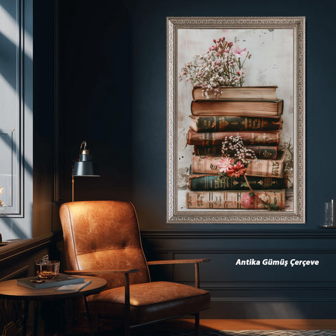 Vintage Kitap Yığını ve Zarif Çiçekler, Nostaljik ve Romantik Atmosferli Estetik Natürmort Sanat Tablosu