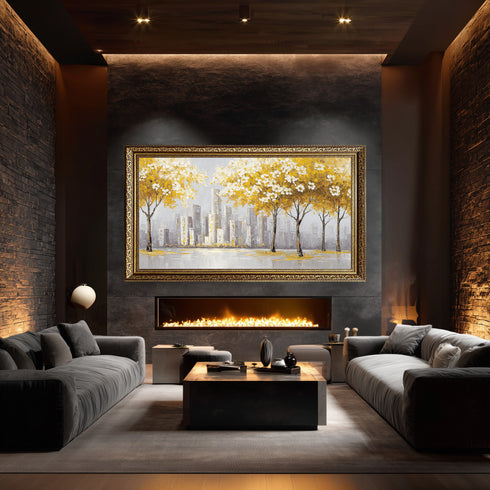 Sarı Yapraklı Ağaç ve Şehir Manzarası Tablosu Modern Soyut Kanvas Duvar Dekoru, Salon Ofis İçin Büyük Boy Tablo