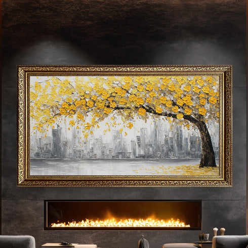 Sarı Çiçekli Ağaç ve Gri Şehir Silüeti Tablosu Modern Soyut Kanvas Duvar Dekoru Salon Ofis İçin Büyük Boy Şık Tasarım