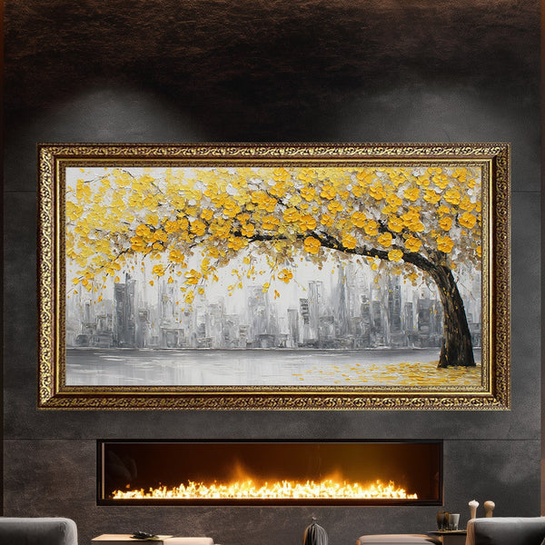 Sarı Çiçekli Ağaç ve Gri Şehir Silüeti Tablosu Modern Soyut Kanvas Duvar Dekoru Salon Ofis İçin Büyük Boy Şık Tasarım
