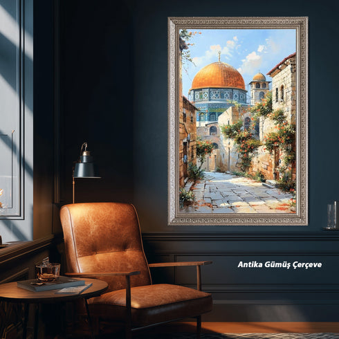 Kubbetüs Sahra ve Tarihi Taş Sokaklar, Çiçeklerle Bezeli Kudüs Manzarasında Huzur ve Maneviyat Yansıtan Sanat Tablosu