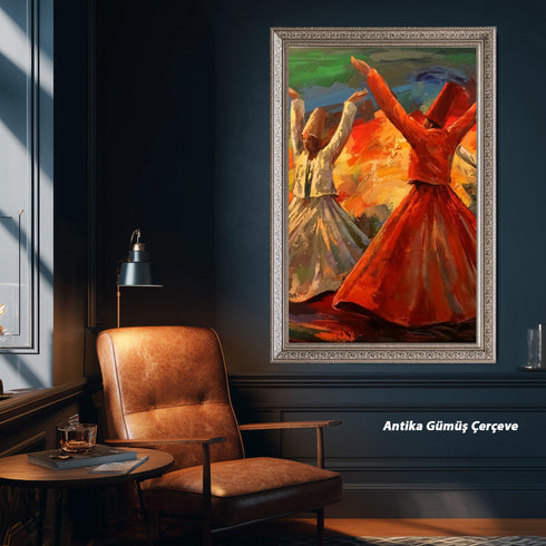 Semazenlerin Sema Dönüşü, Canlı Renklerle Tasvir Edilmiş Tasavvufi Ritüel ve Manevi Derinlik Taşıyan Modern Sanat Tablosu