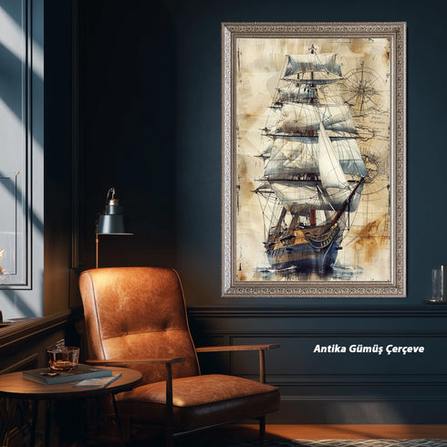 Antik Yelkenli Gemi ve Deniz Haritası Sanat Baskısı, Keşif ve Denizcilik Temalı Vintage İllüstrasyon Duvar Dekoru