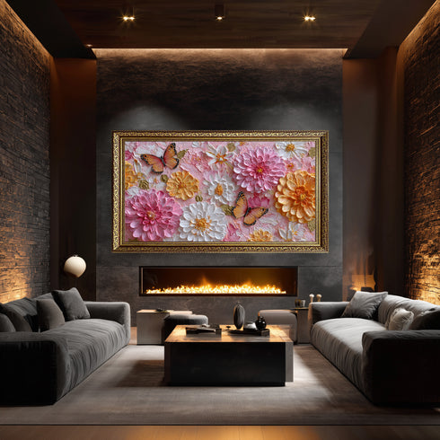 Pembe Zeminli Renkli Çiçekler ve Turuncu Kelebekler Tablosu Romantik Modern Kanvas Duvar Dekoru Salon Yatak Odası İçin Şık Tasarım