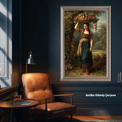 Meyve Sepeti Taşıyan Kırsal Kadın Sanat Baskısı, Doğal Bereket ve Geleneksel Yaşam Temalı Klasik Yağlı Boya Stil Duvar Dekoru