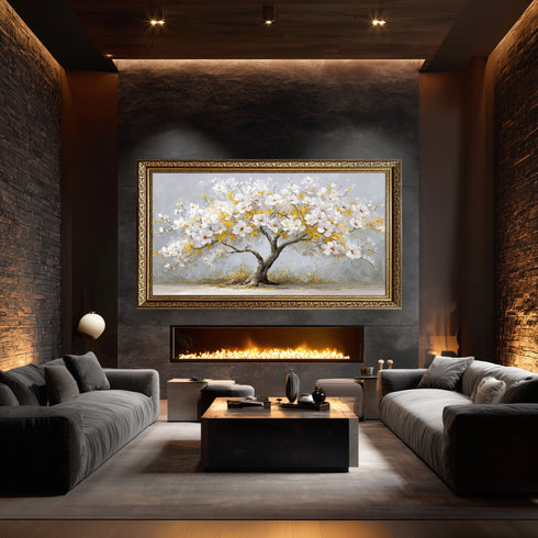 Beyaz Çiçekli ve Altın Yapraklı Ağaç Tablosu Modern Kanvas Duvar Dekoru, Salon Yatak Odası İçin Büyük Boy Şık Tablo