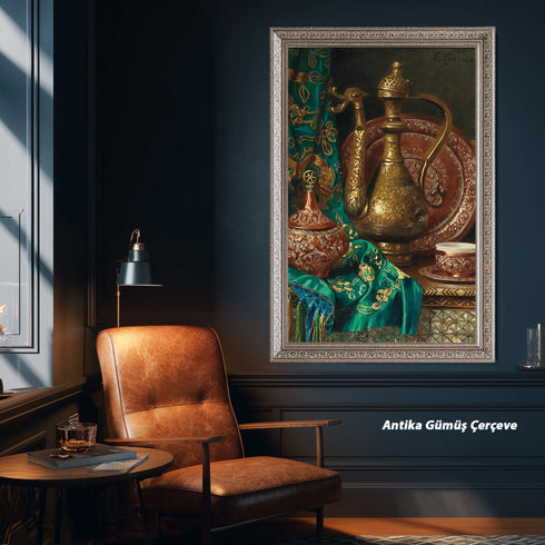 Oryantal Natürmort Sanat Tablosu Poster, Osmanlı İbriği Kahve Fincanı ve İşlemeli Kumaşlı Klasik Doğu Temalı Duvar Sanatı