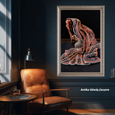 Modern Soyut Natürmort Sanat Tablosu Poster, Desenli Kumaş ve Klasik Koltuk Detaylı Lüks Dekoratif Duvar Sanatı Baskısı