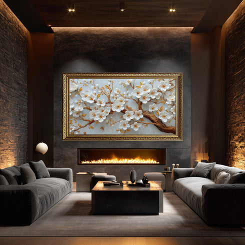 Altın Dallı Beyaz Çiçekli Ağaç Dalı Tablosu Kabartmalı Lüks Modern Kanvas Duvar Dekoru Salon Yatak Odası İçin Şık Tasarım