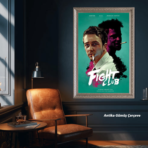 Fight Club Tyler Durden ve Brad Pitt Portre Kanvas Tablo | David Fincher Kült Film ve Psikolojik Gerilim Duvar Sanatı