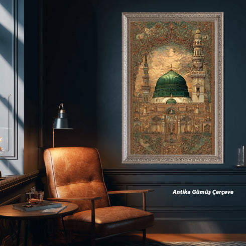 Mescid-i Nebevi Yeşil Kubbe Osmanlı Desenli Kanvas Tablo – İslami Sanat Motifli Dini Duvar Dekoru, Medine Temalı Salon Tablosu