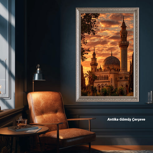 Gün Batımında Tarihi Cami ve Minare Kanvas Tablo – Altın Gökyüzü Temalı İslami Duvar Dekoru, Dini ve Manevi Salon Tablosu