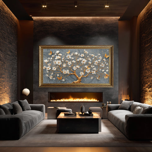 Gri Mermer Zeminli Altın Dallı Beyaz Çiçekli Ağaç Tablosu Kelebekli Lüks Modern Kanvas Duvar Dekoru Salon İçin Şık Tasarım