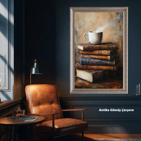 Buharlı Kahve Fincanı ve Eski Kitaplar, Sıcak ve Huzurlu Atmosferli Nostaljik Okuma Köşesi Temalı Sanat Tablosu