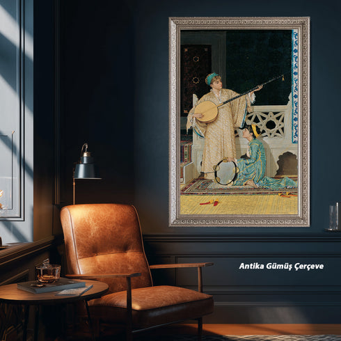Oryantal Müzik Sahnesi Sanat Tablosu Poster, Osmanlı Dönemi Ud ve Def Çalan Kadınlar ile Klasik Doğu Temalı Duvar Sanatı Baskısı