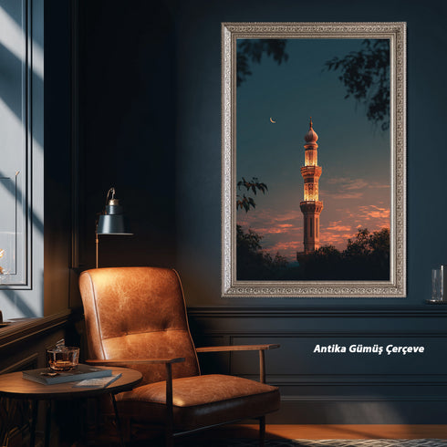 Hilal ve Gün Batımı Fonlu Cami Minaresi Kanvas Tablo – Altın Işıltılı İslami Duvar Dekoru, Dini ve Manevi Salon Tablosu