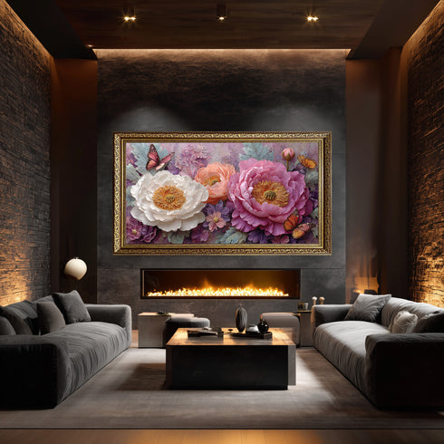 Pembe ve Beyaz Şakayık Çiçekli Kelebekli Tablo Romantik Vintage Kanvas Duvar Dekoru Salon Yatak Odası İçin Zarif Tasarım