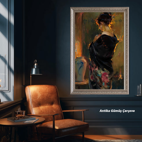 Arkadan Görünümlü Zarif Kadın Portresi, Duygusal Derinlik ve Dramatik Işıkla Yorumlanmış Modern ve Estetik Sanat Tablosu