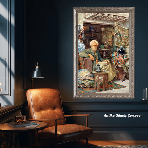 Osmanlı Bilgesi ve Geleneksel Oda Sahnesi Suluboya Sanat Baskısı, El Yazması Kitaplar ve Oryantal Detaylarla Tarihi Duvar Dekoru