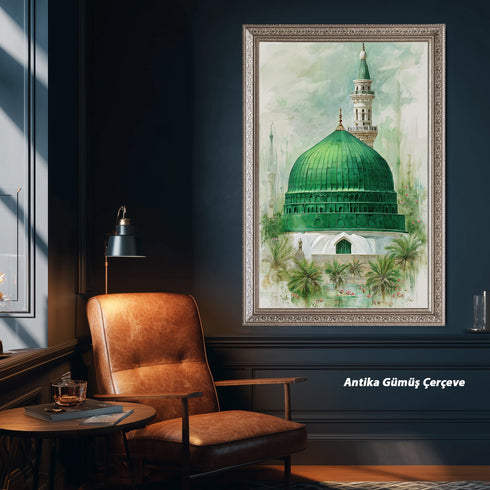 Yeşil Kubbe Mescid-i Nebevi Kanvas Tablo – Medine Ravza-i Mutahhara İslami Duvar Dekoru, Dini Huzur Temalı Salon Tabl