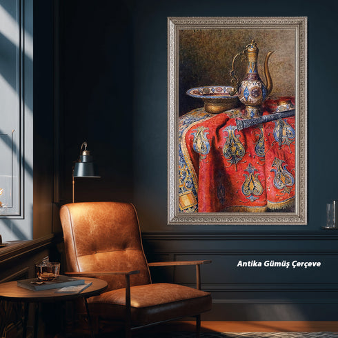Eskitilmiş Çerçeveli Oryantal Natürmort Sanat Tablosu Poster, Osmanlı İbriği ve İşlemeli Kumaş Detaylı Klasik Duvar Sanatı